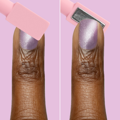 Close-up of nail with Amethyst Velvet - Gel pastel lavender polish showing magnetic velvet effect using pink tool on purple background