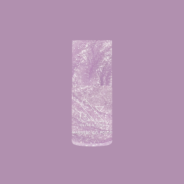 Olive and June Amethyst Velvet - Gel pastel lavender magnetic gel polish bottle on purple background