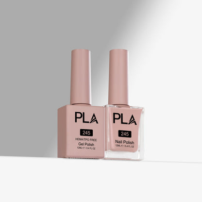 Two bottles of PLA nail polish on a gray background
