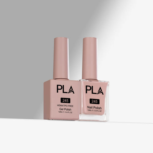 Two bottles of PLA nail polish on a gray background