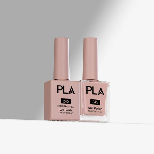Two bottles of PLA nail polish on a gray background