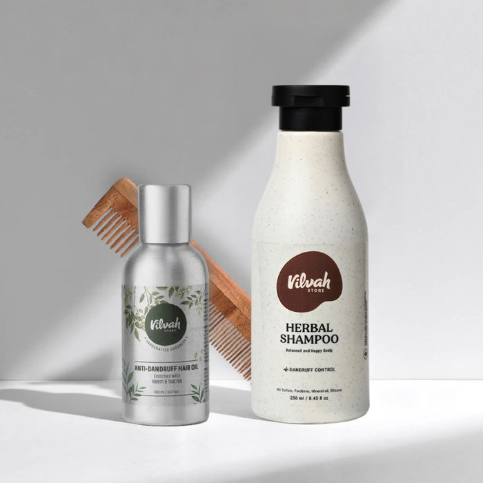 vilvah anti-dandruff hair oil, herbal shampoo and neem wood comb (fine and wide tooth)