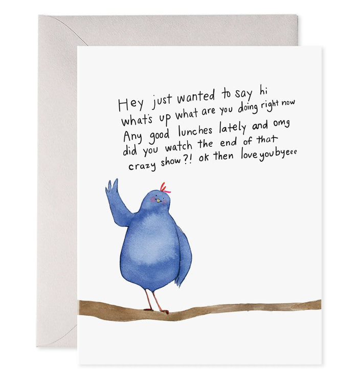 Greeting card with blue bird illustration and handwritten text
