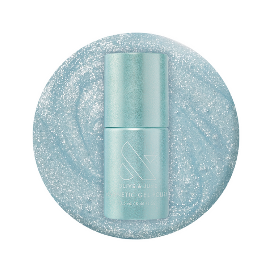 Olive and June Aqua Velvet - Gel bottle on bright pastel blue magnetic gel polish with shimmering velvet texture