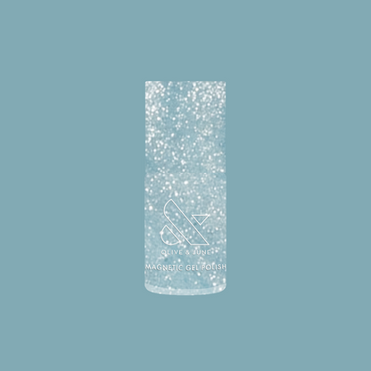 Olive and June Aqua Velvet - Gel magnetic gel polish bottle with shimmering bright pastel blue polish background