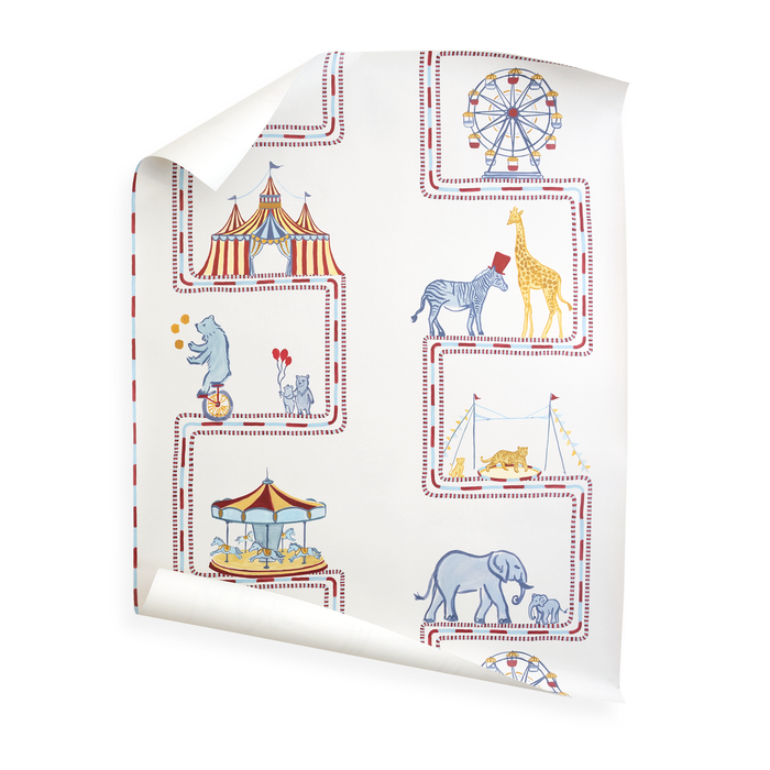 Bailey wallpaper featuring whimsical circus animals and carnival scenes in soft cranberry and blue, custom made-to-order design.