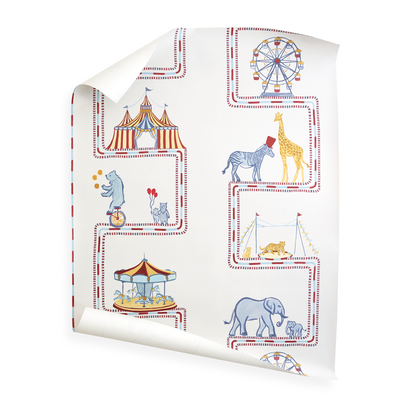 Bailey wallpaper featuring whimsical circus animals and carnival scenes in soft cranberry and blue, custom made-to-order design.