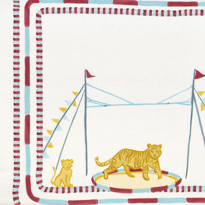 Bailey wallpaper with hand-painted circus tiger and cub in muted cranberry and soft yellow, custom made-to-order design.