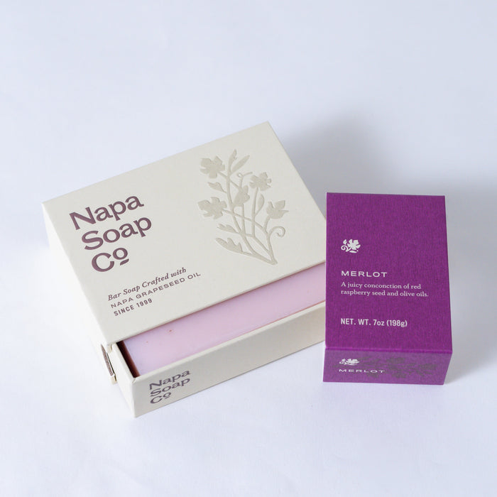 Napa Soap Co. bar soap in a box with a purple Merlot soap packaging on a white background