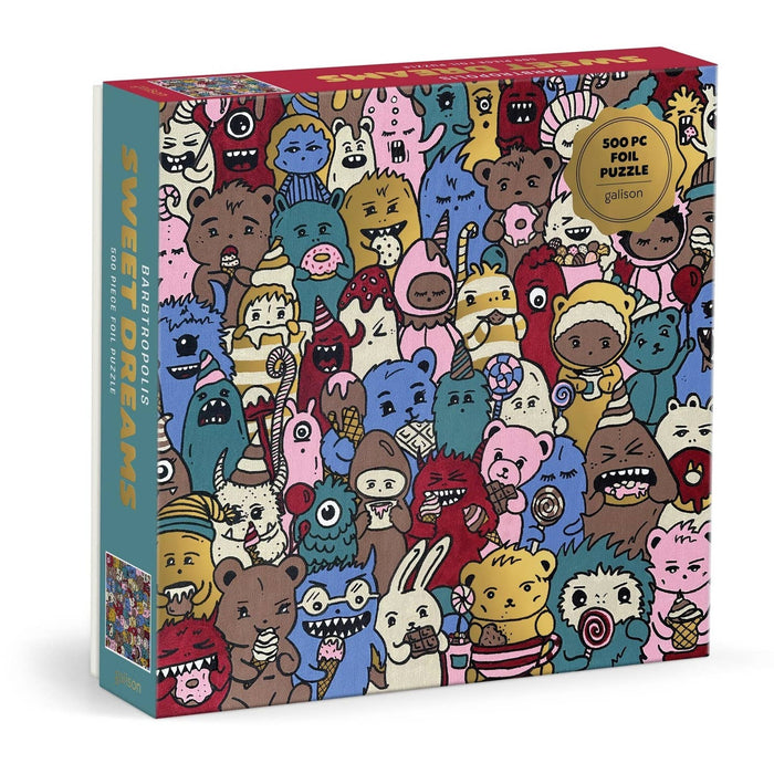 A 500-piece Barbtropolis Sweet Dreams jigsaw puzzle by Galison, featuring a vibrant and crowded illustration of whimsical cartoon animals and creatures with expressive faces, this puzzle is perfect for brightening your day with its delightful, playful design.