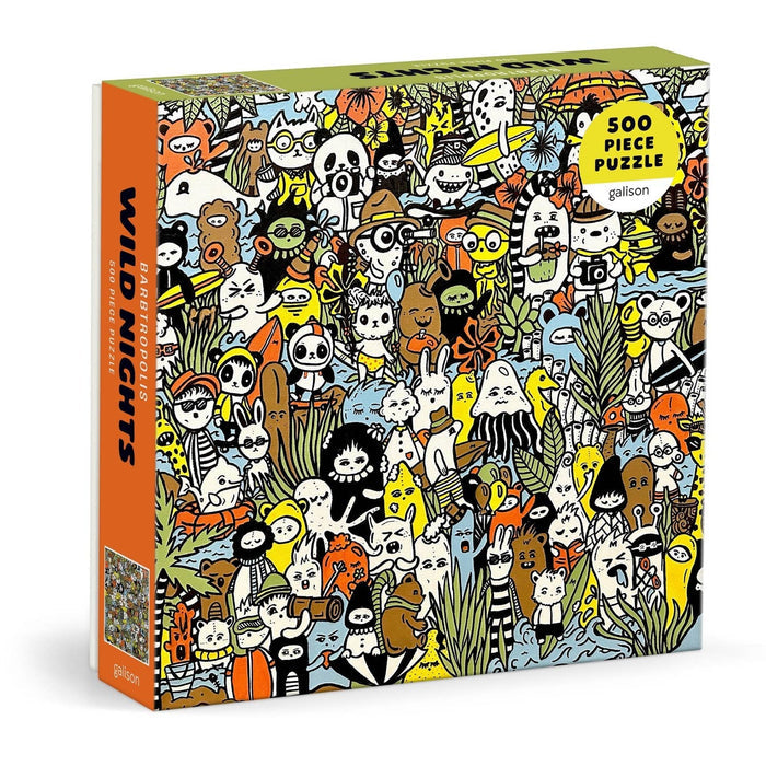 From Galison, the Barbtropolois Wild Nights 500 Piece Jigsaw Puzzle showcases a vibrant collage of whimsical animals and characters in a lively jungle scene—an imaginative rainforest puzzle that brings colorful art to life.
