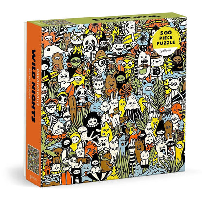 From Galison, the Barbtropolois Wild Nights 500 Piece Jigsaw Puzzle showcases a vibrant collage of whimsical animals and characters in a lively jungle scene—an imaginative rainforest puzzle that brings colorful art to life.