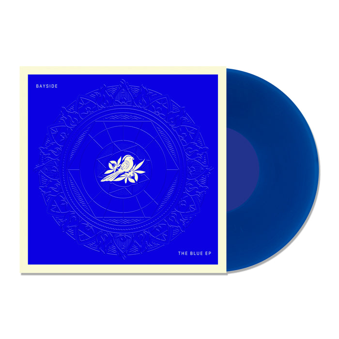 Vinyl album cover for Bayside "The Blue EP" on a white background. Cover is Blue with a Mandala. White bird on a flower centered. White Text in the corners "Bayside" & "The Blue EP". Vinyl is Transparent Blue.