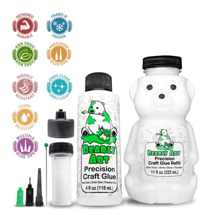 Bearly Art - Precision Craft Glue - The Bundle. 4 FL Oz, Tip Kit, Tip Cap, 11 FL Oz Bear Refill. CLEAR & FAST-DRYING, MULTIPLE-SIZED TIPS, WRINKLE & CLUMP RESISTANT, NON-TOXIC & FREEZE/THAW STABLE. Available at Embellish Away located in Bowmanville Ontario Canada.