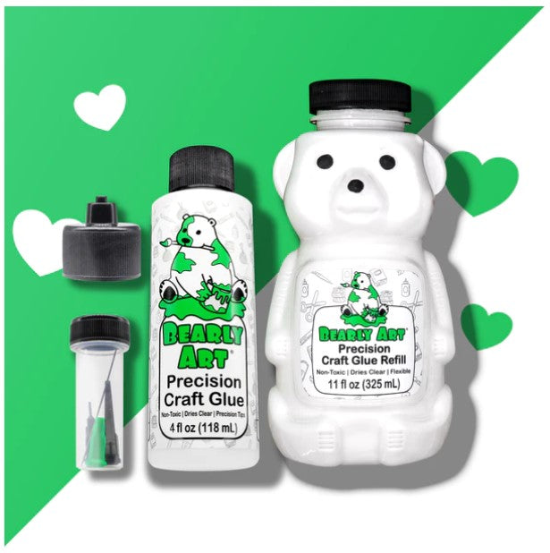 Bearly Art - Precision Craft Glue - The Bundle. 4 FL Oz, Tip Kit, Tip Cap, 11 FL Oz Bear Refill. CLEAR & FAST-DRYING, MULTIPLE-SIZED TIPS, WRINKLE & CLUMP RESISTANT, NON-TOXIC & FREEZE/THAW STABLE. Available at Embellish Away located in Bowmanville Ontario Canada.