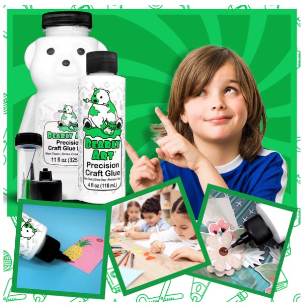 Bearly Art - Precision Craft Glue - The Bundle. 4 FL Oz, Tip Kit, Tip Cap, 11 FL Oz Bear Refill. CLEAR & FAST-DRYING, MULTIPLE-SIZED TIPS, WRINKLE & CLUMP RESISTANT, NON-TOXIC & FREEZE/THAW STABLE. Available at Embellish Away located in Bowmanville Ontario Canada.