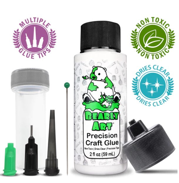 Bearly Art - Precision Craft Glue - The Mini. 2 FL Oz, Tip Kit, Tip Cap. CLEAR & FAST-DRYING, MULTIPLE-SIZED TIPS, WRINKLE & CLUMP RESISTANT, NON-TOXIC & FREEZE/THAW STABLE. Available at Embellish Away located in Bowmanville Ontario Canada.
