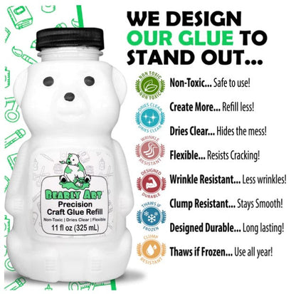 Bearly Art - Precision Craft Glue - The Refill.11 Fl Oz Bear Refill. CLEAR-DRYING, WRINKLE & CLUMP RESISTANT, NON-TOXIC & FREEZE/THAW STABLE. Available at Embellish Away located in Bowmanville Ontario Canada.