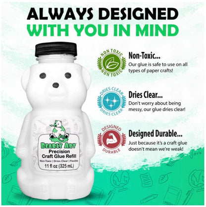 Bearly Art - Precision Craft Glue - The Refill.11 Fl Oz Bear Refill. CLEAR-DRYING, WRINKLE & CLUMP RESISTANT, NON-TOXIC & FREEZE/THAW STABLE. Available at Embellish Away located in Bowmanville Ontario Canada.