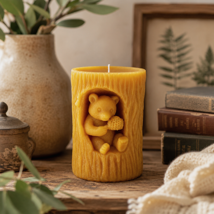 Beeswax Bear in Tree Pillar Candle
