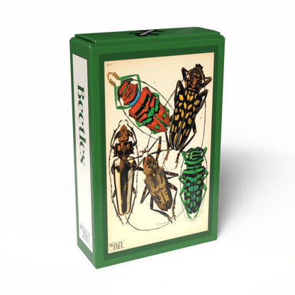 A green box labeled “Beetles | 99 Piece Jigsaw Puzzle” from Penny Puzzle features an illustration of five colorful beetles on the front against a white background, capturing the charm of a vintage mini puzzle inspired by E. A. Séguy’s iconic Art Deco style.