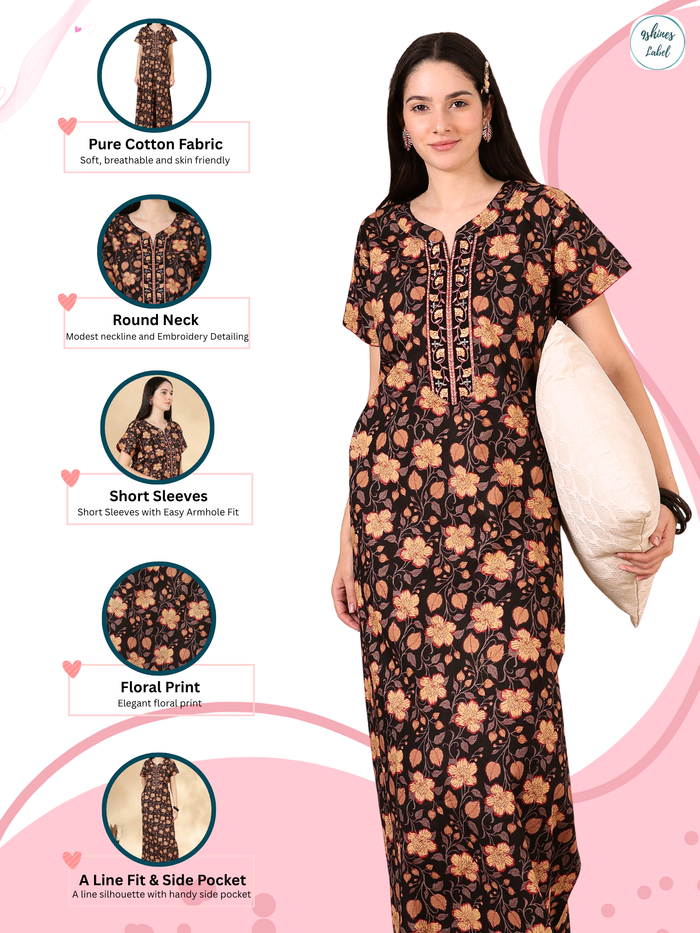 Black floral pure cotton soft nightwear for women