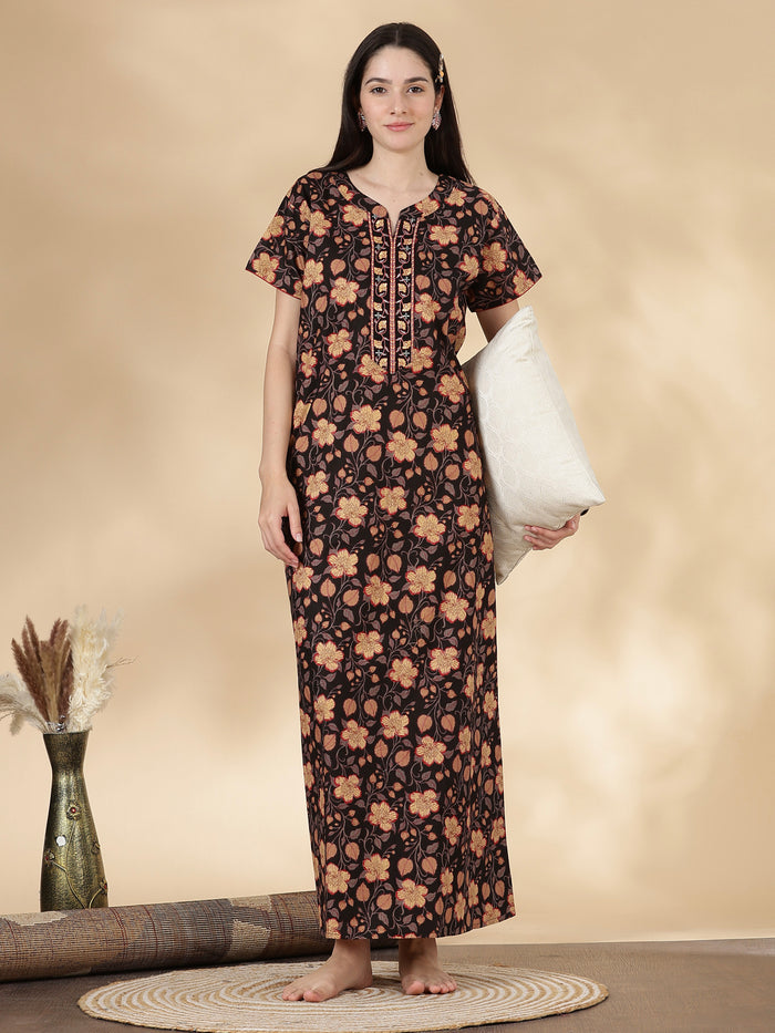 Black floral pure cotton soft nightwear for women
