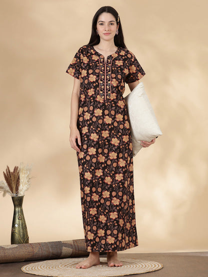 Black floral pure cotton soft nightwear for women