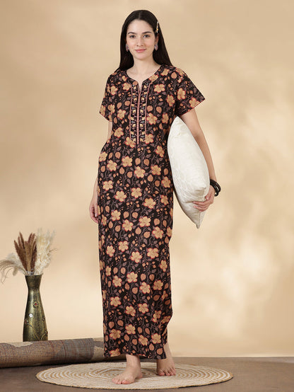Black floral pure cotton soft nightwear for women