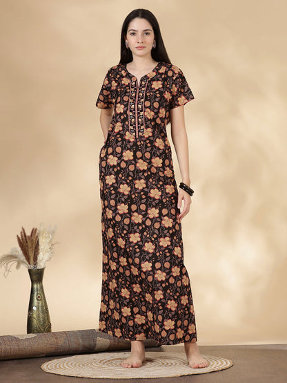 Black floral pure cotton soft nightwear for women