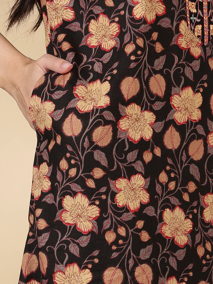 Black floral pure cotton soft nightwear for women