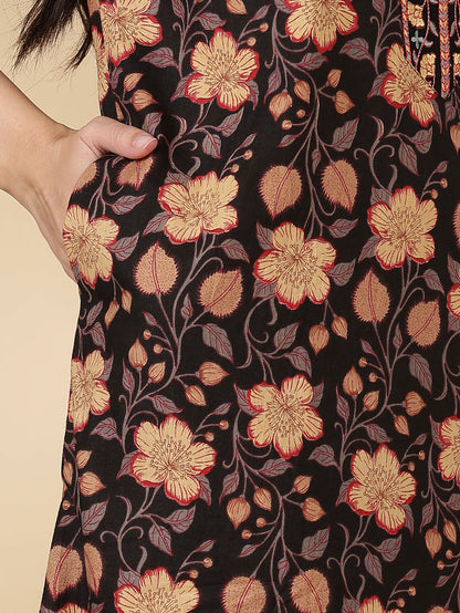 Black floral pure cotton soft nightwear for women