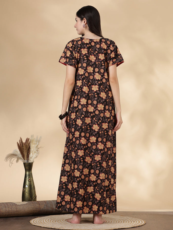 Black floral pure cotton soft nightwear for women