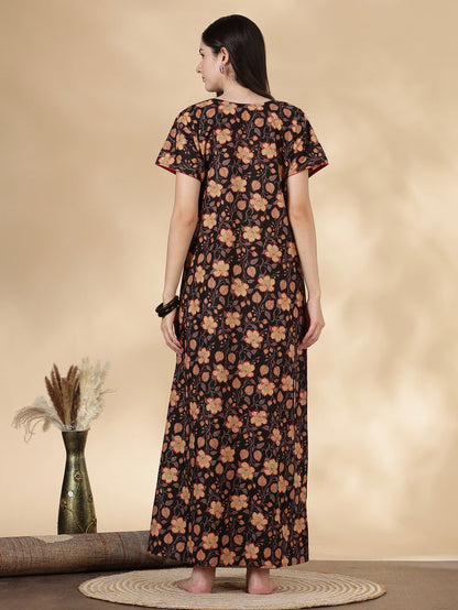 Black floral pure cotton soft nightwear for women