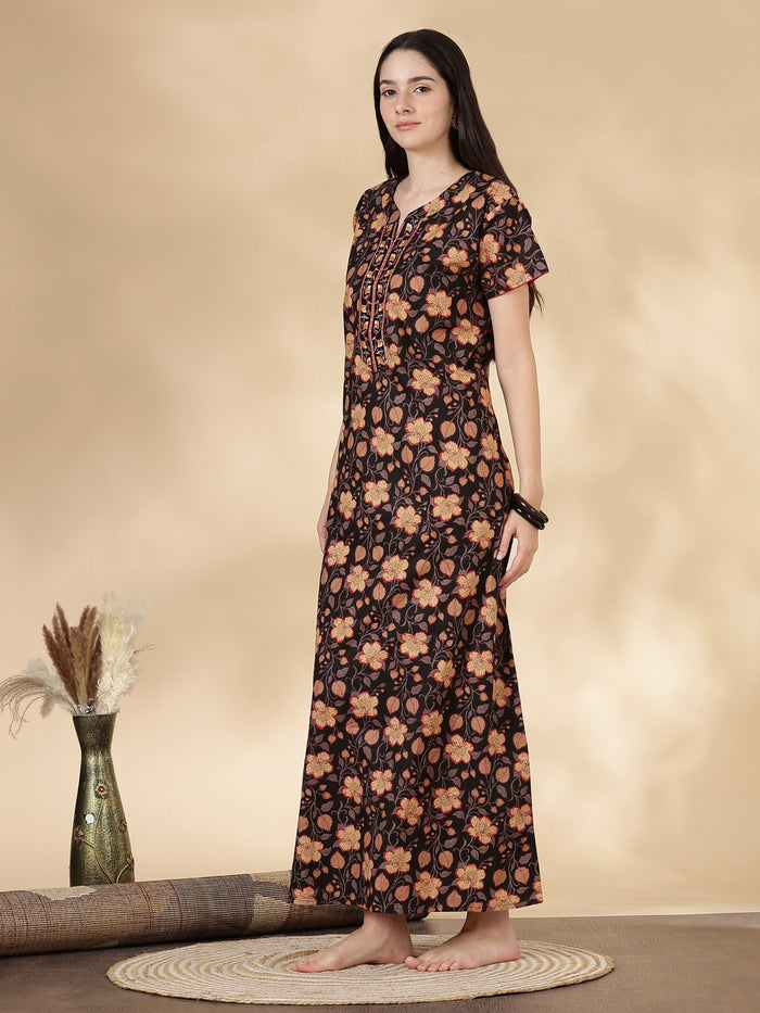 Black floral pure cotton soft nightwear for women