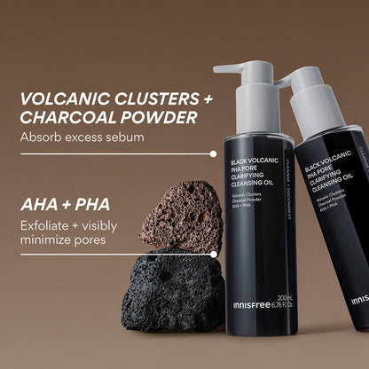 Two Innisfree Black Volcanic PHA Cleansing Oil products on a warm brown background, with descriptive marketing text and two porous sponge blocks in front of the bottles.