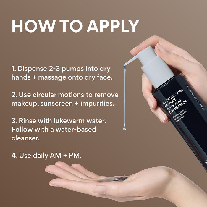 Instructional graphic showing a hand holding a black bottle of Volcanic Cleansing Oil and dispensing a drop onto another hand, with text instructions on how to apply the product against a warm brown background.