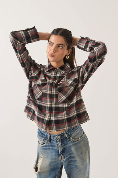Women's Bowery Crop Women's Overshirt in the color Washed Black Plaid - Women's Side View