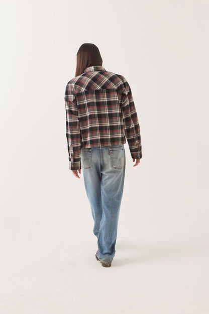 Women's Bowery Crop Women's Overshirt in the color Washed Black Plaid - Women's Back View