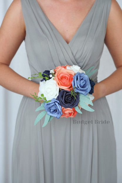 Bridal Wedding Bouquet in Coral and Blue - $39.50 | Eira Collection
