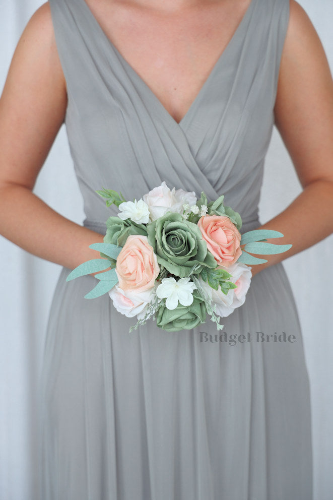 Bridal Wedding Bouquet in Sage and Peach - $39.50 | Thalassa Collection