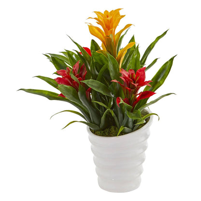 Bromeliad Artificial Plant in White  Vase