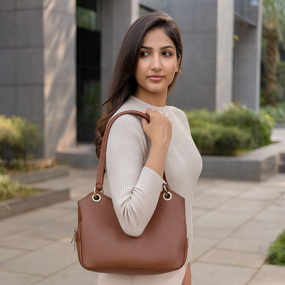 Women's brown leather satchel shoulder bag for work, travel, and daily use-model image