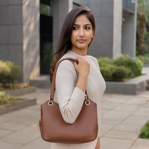 Women's brown leather satchel shoulder bag for work, travel, and daily use-model image