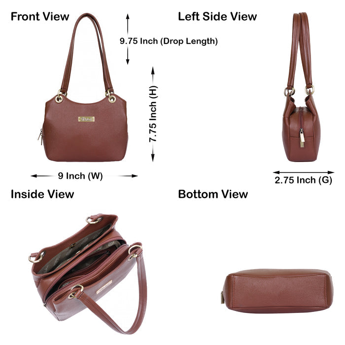 Women's brown leather satchel shoulder bag for work, travel, and daily use-infographic image