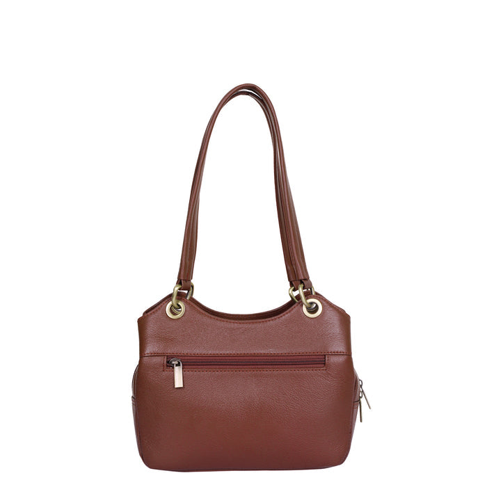 Women's brown leather satchel shoulder bag for work, travel, and daily use-back view