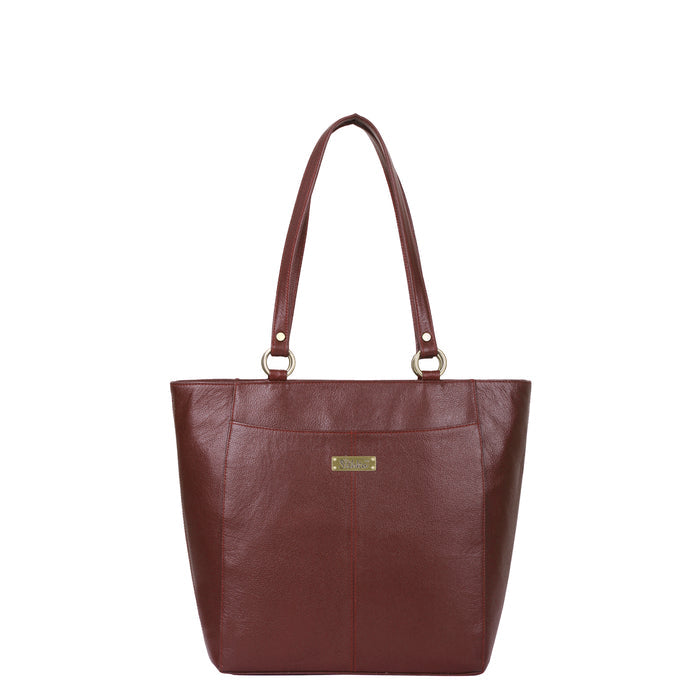 Women's brown leather shoulder tote bag for work, travel, and daily use