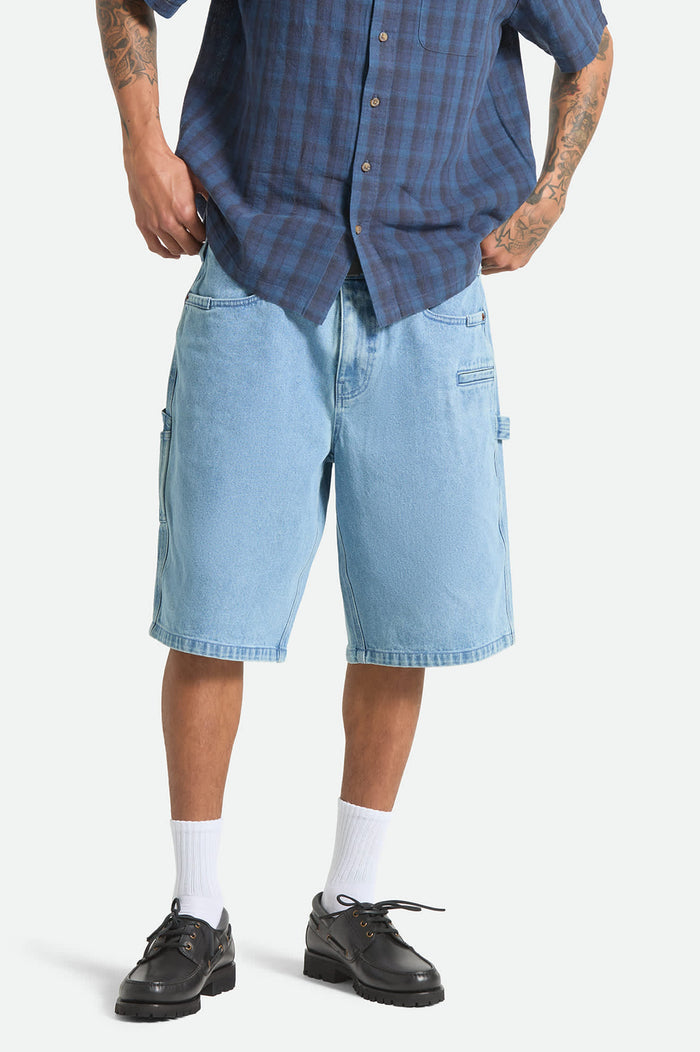 Men's Builders Carpenter Baggy Short in the color Washed Blue Denim - Men's Front View