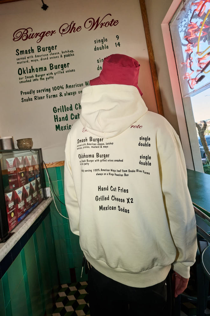 Men's Burger She Wrote Hood in the color Natural - Men's Back View