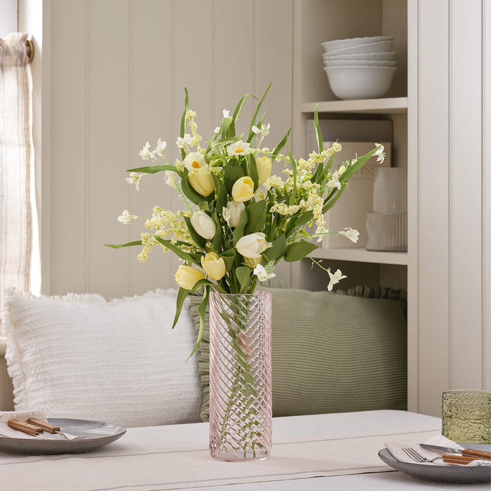 Butter Yellow Tulip & Daisy Artificial Bouquet with Blush Textured Glass Vase Bundle